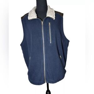 Orvis Fleece Vest Sherpa Lined Collar Faux Leather Trim Navy Blue Men's Large